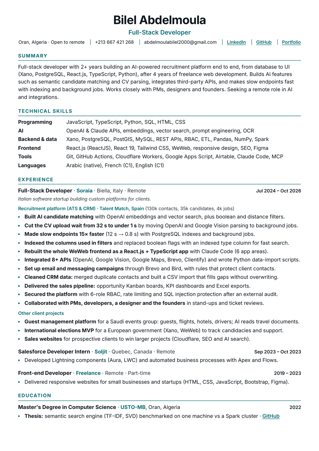 CV of Bilel Abdelmoula, Full-Stack Developer, page 1